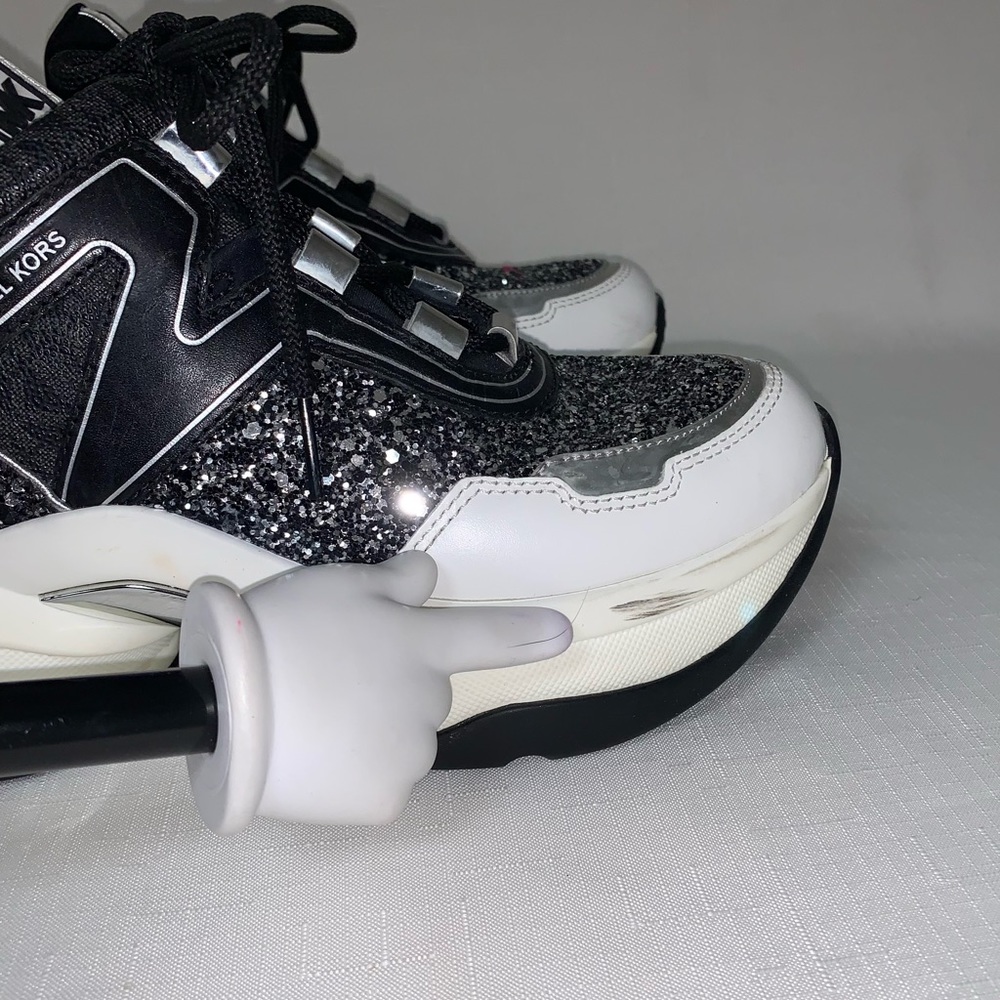 MICHAEL KORS Olympia Glitter Trainer Sneaker Women’s Black Silver 8.5M Lace Up - Picture 17 of 17